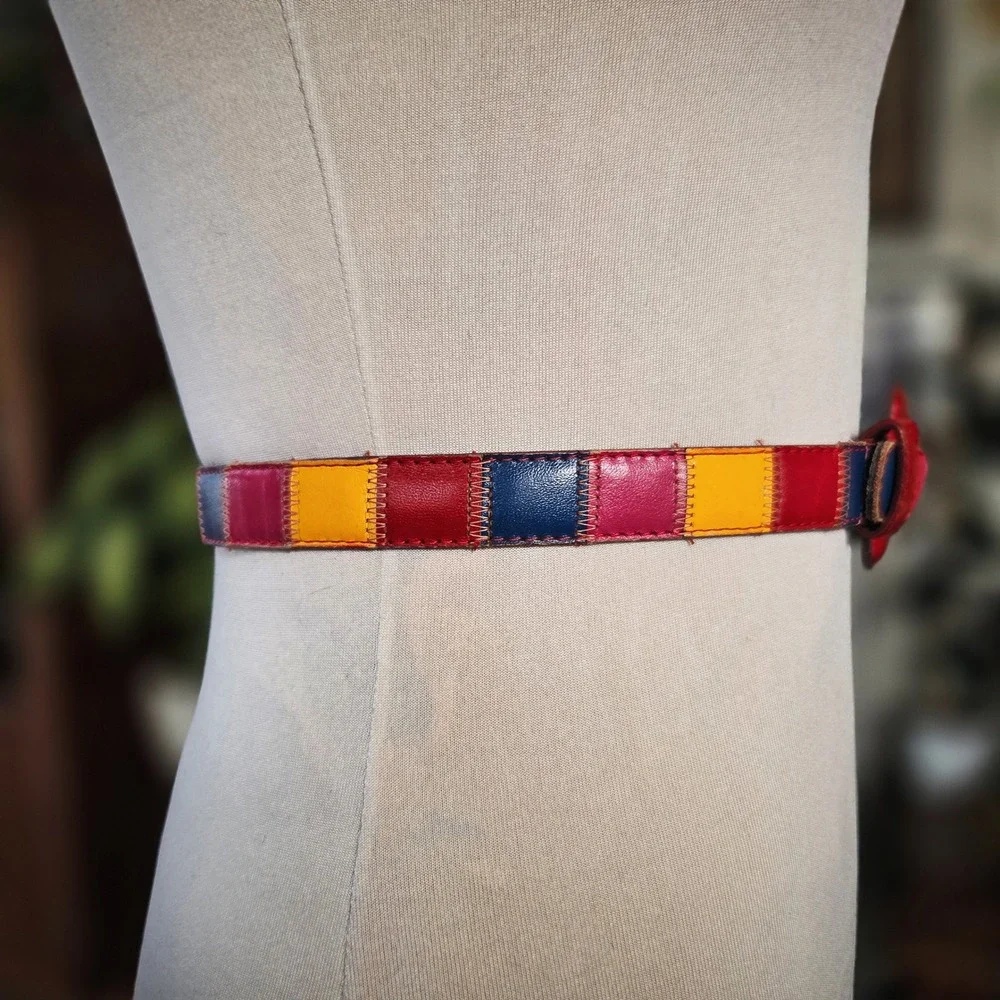 Carole Little Patchwork Leather Belt Vintage 80s Womens Multi Color Boho 24-28
